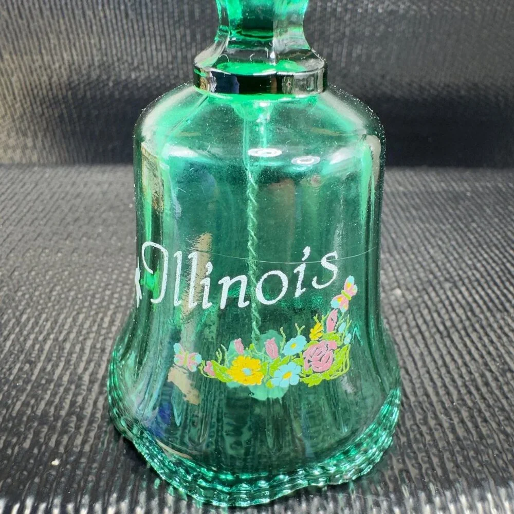 Vintage Illinois State Green Glass Bell Applied Flowers Glassware Figurine Decor